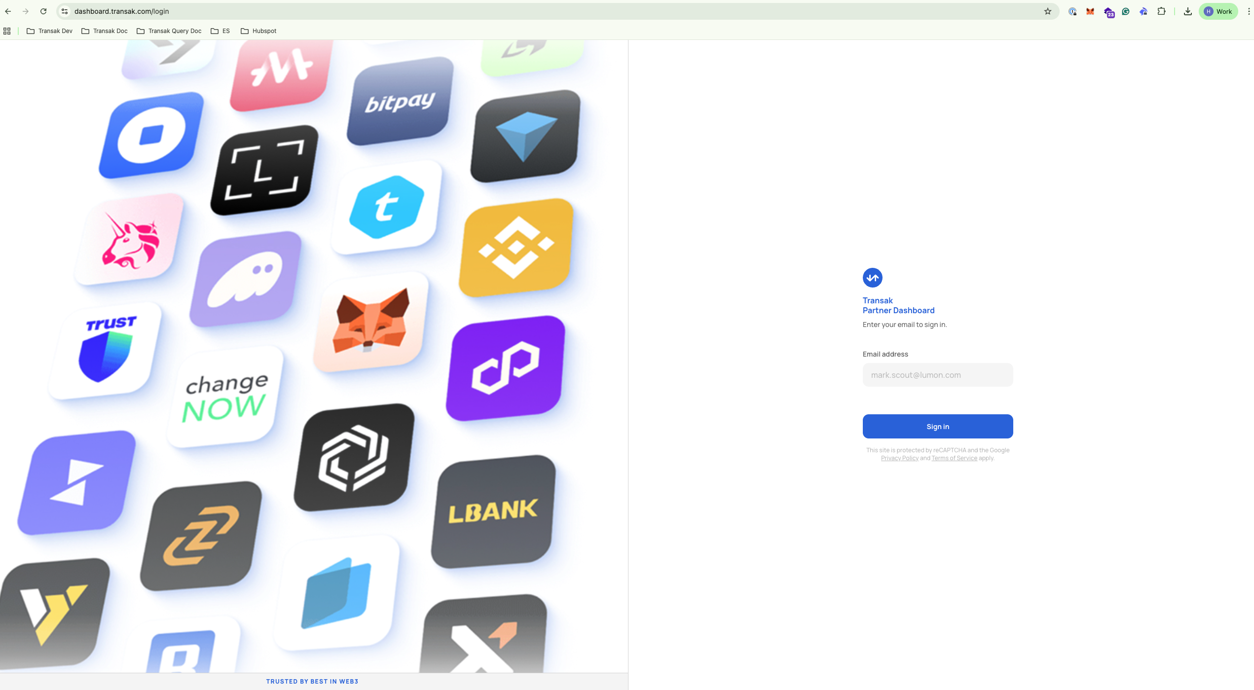Transak partner dashboard login screen