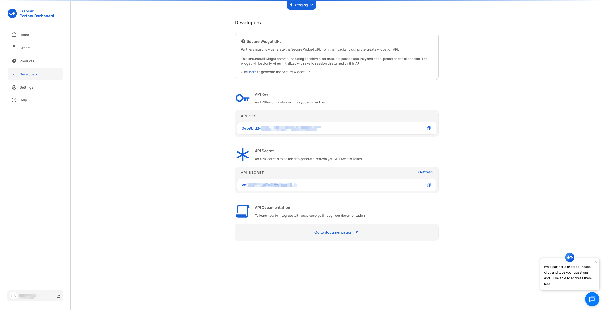 Developers tab in the Transak partner dashboard